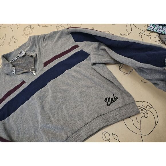 Victoria's Secret Pink 1/4 Zip Pullover Sweatshirt Cropped Size Large Stripe - Picture 6 of 8